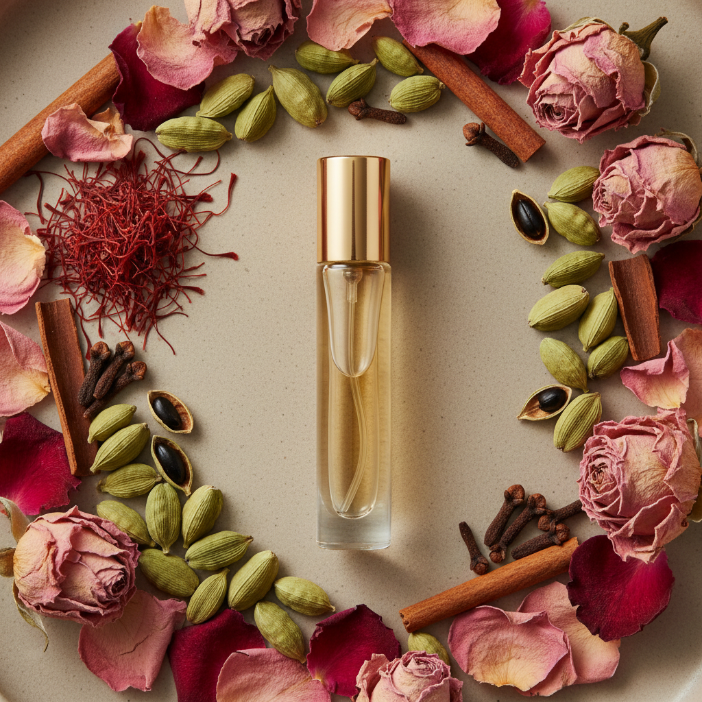 Collection of spices and botanicals including saffron, cardamom, and rose petals surrounding a perfume vial