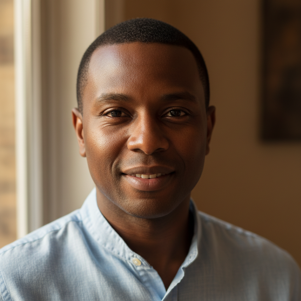 James Okonkwo, Nigerian American man with warm smile in casual clothes outdoors with soft background