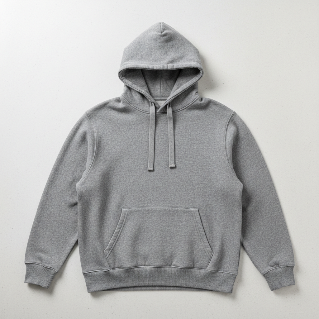 Heavyweight cotton hoodie in faded black, model wearing with relaxed jeans, moody indoor lighting