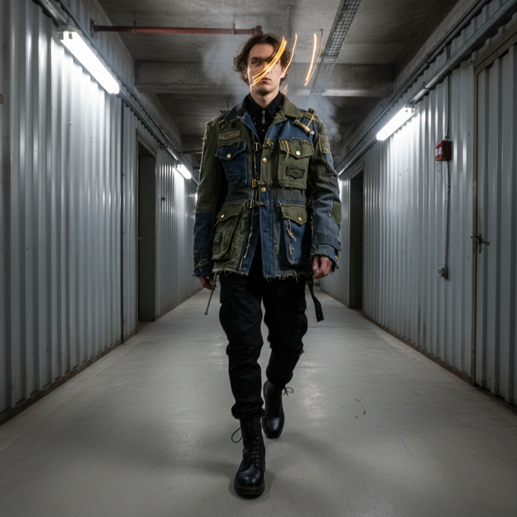 Model walking through an industrial hallway wearing a one-of-one upcycled denim and military canvas jacket, gold hardware catching motion blur
