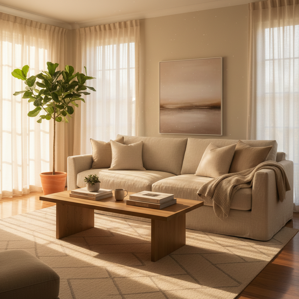 Sunlit staged living room with linen sofa and warm afternoon light