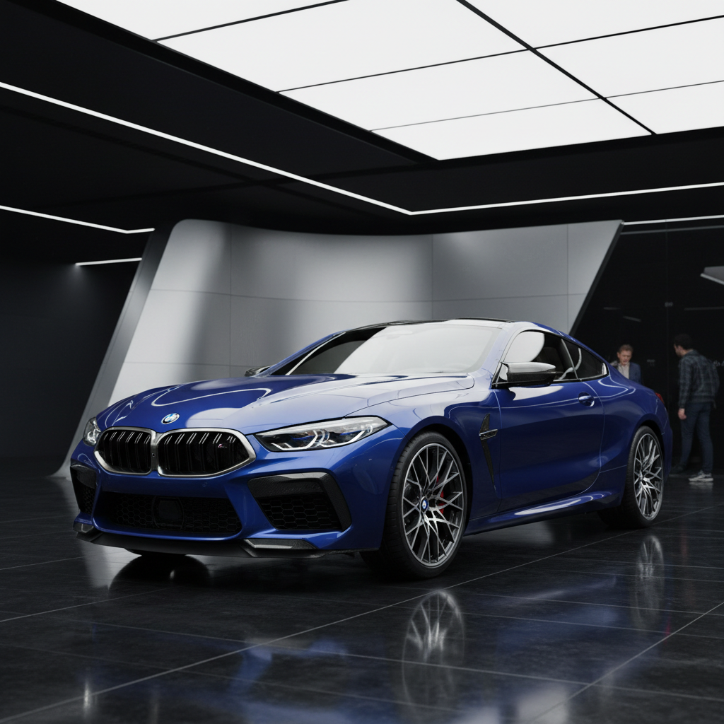 Luxury performance car side profile in well-lit modern dealership showroom with polished floors