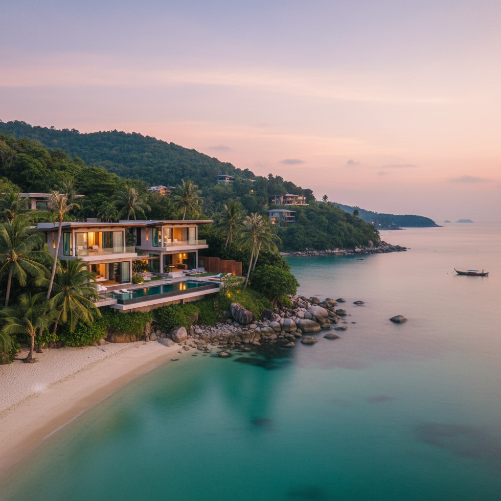 Contemporary beachfront villa with large terrace and infinity pool overlooking calm Mediterranean, golden hour