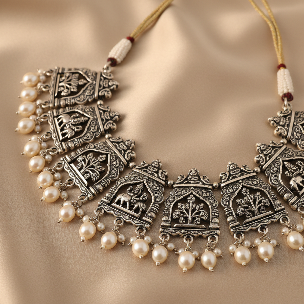 Antique gold temple jewellery necklace with intricate motifs, heritage pieces, warm golden tones, dark atmospheric background