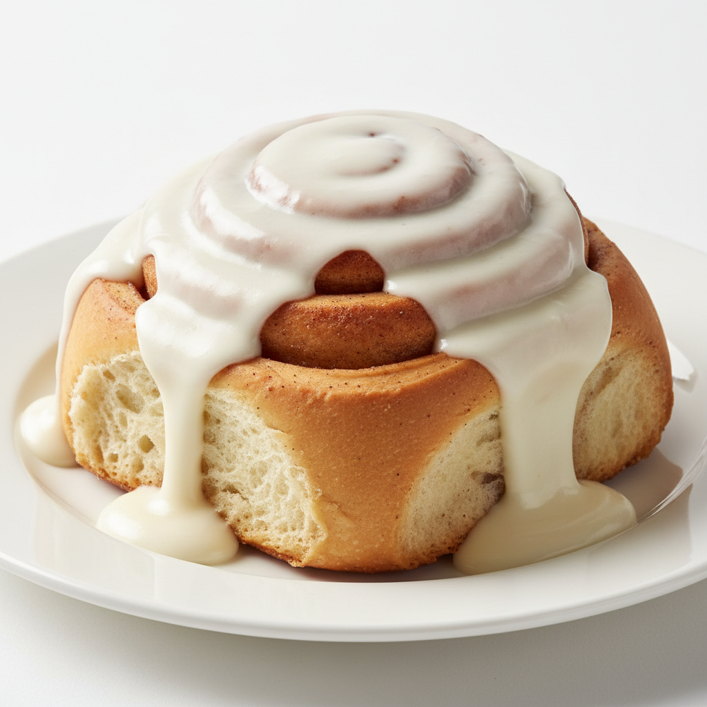 Fresh cinnamon roll with cream cheese frosting on parchment paper, warm bakery light