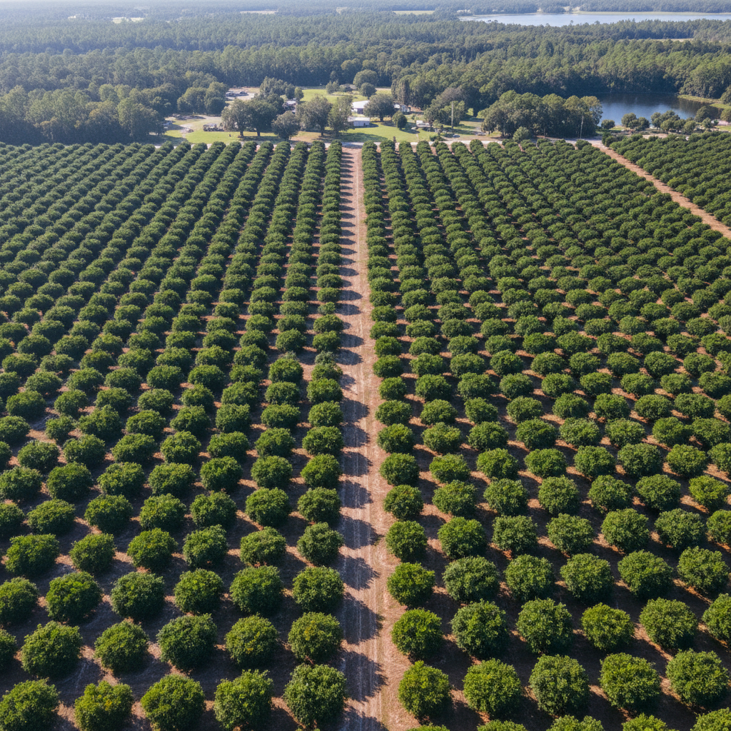 Aerial view of Florida citrus grove showing organized canopy management, even row structure, and well-maintained tree tops across commercial agricultural land