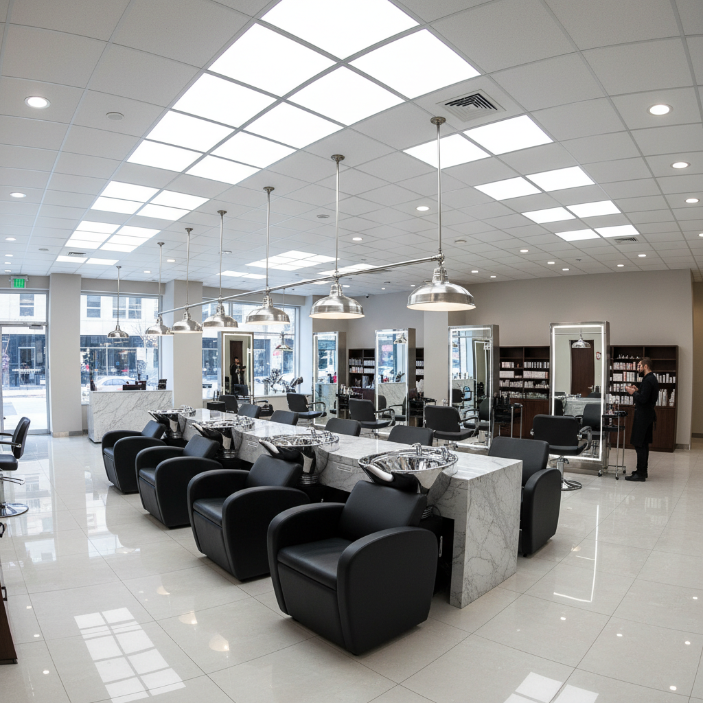 Professional hair salon with chrome shampoo bowls and overhead lighting in South Beach