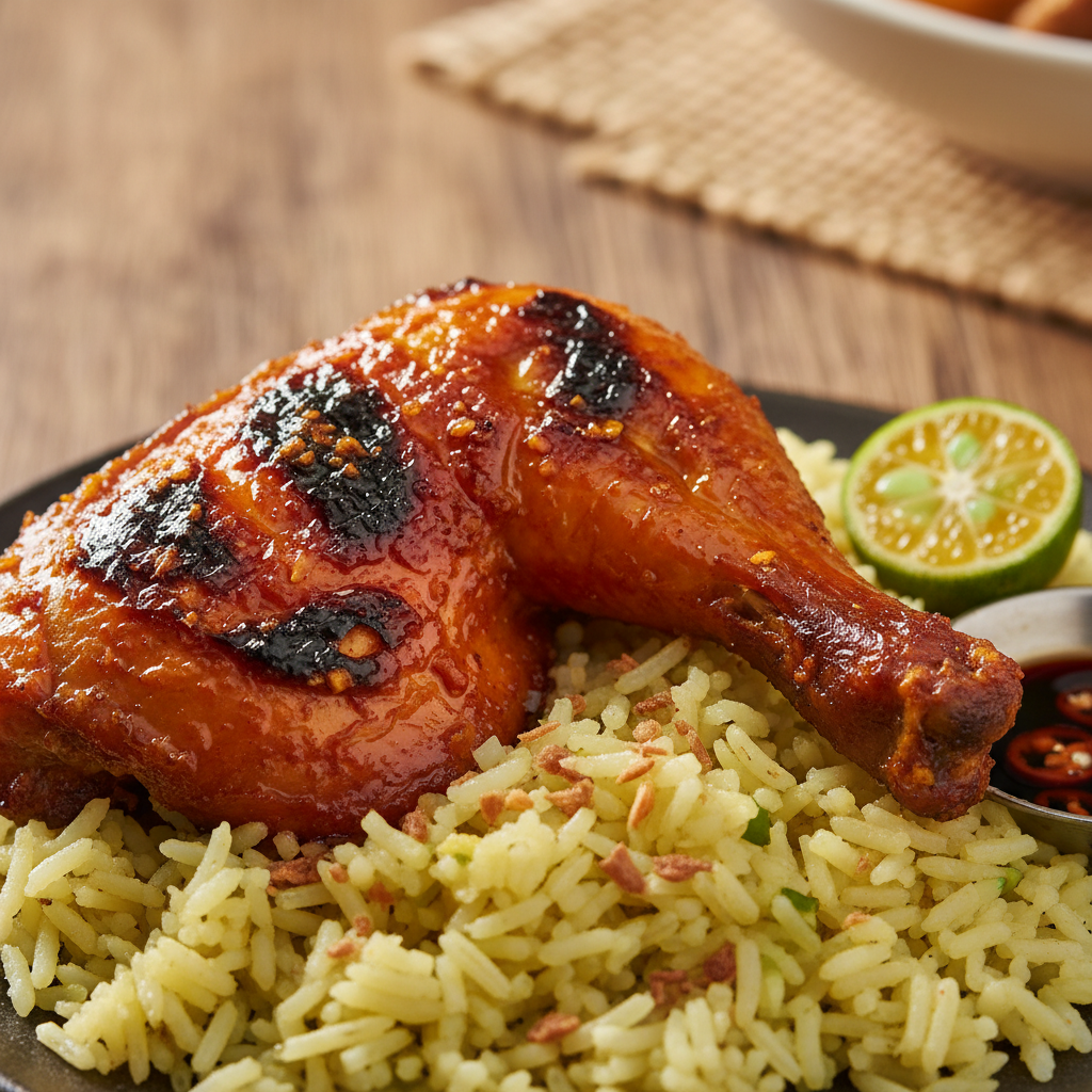 Chicken inasal rice meal with grilled marinated chicken and garlic rice