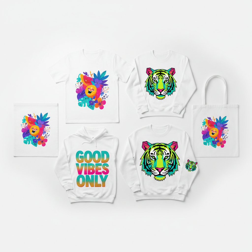 Vibrant DTF transfer prints on dark surface, close-up detail of colorful heat transfer designs, rich saturated colors against black background