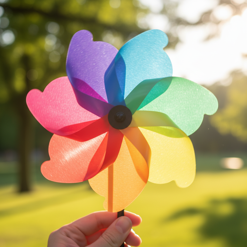 Colorful pinwheel toy in bright sunlight with blurred background