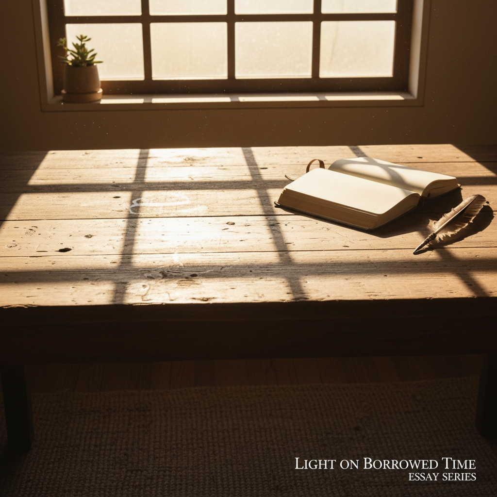 A sun-drenched window casting long shadows across a bare wooden table — from the essay series Light on Borrowed Time