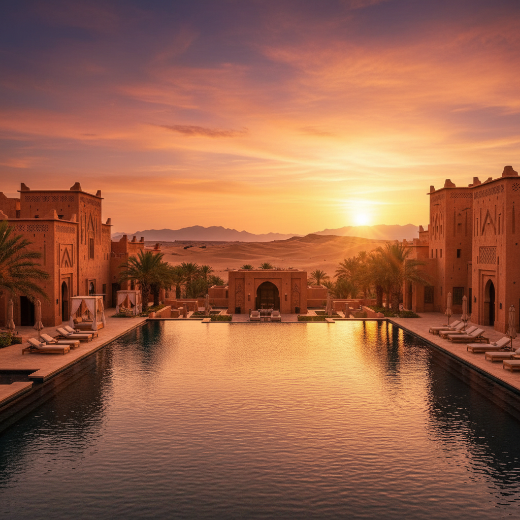 Luxurious desert resort with terracotta architecture and infinity pool at sunset