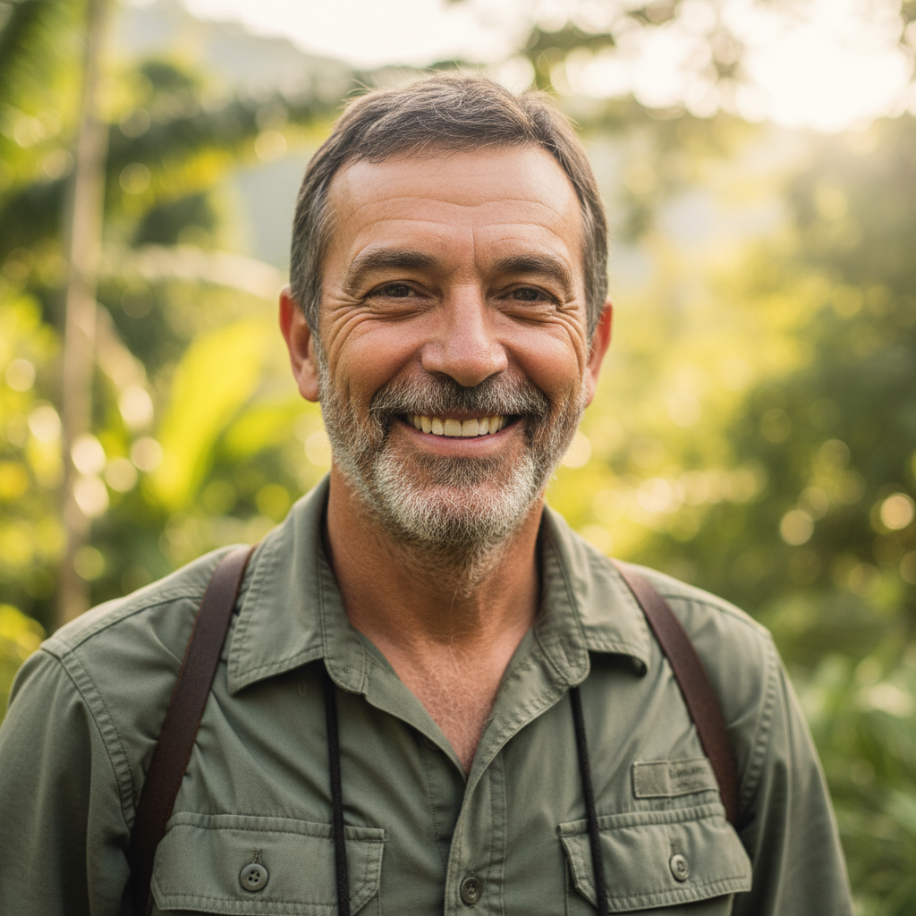 Carlos Ureña Mora, Costa Rican expedition guide in his 40s with warm smile, wearing field shirt outdoors