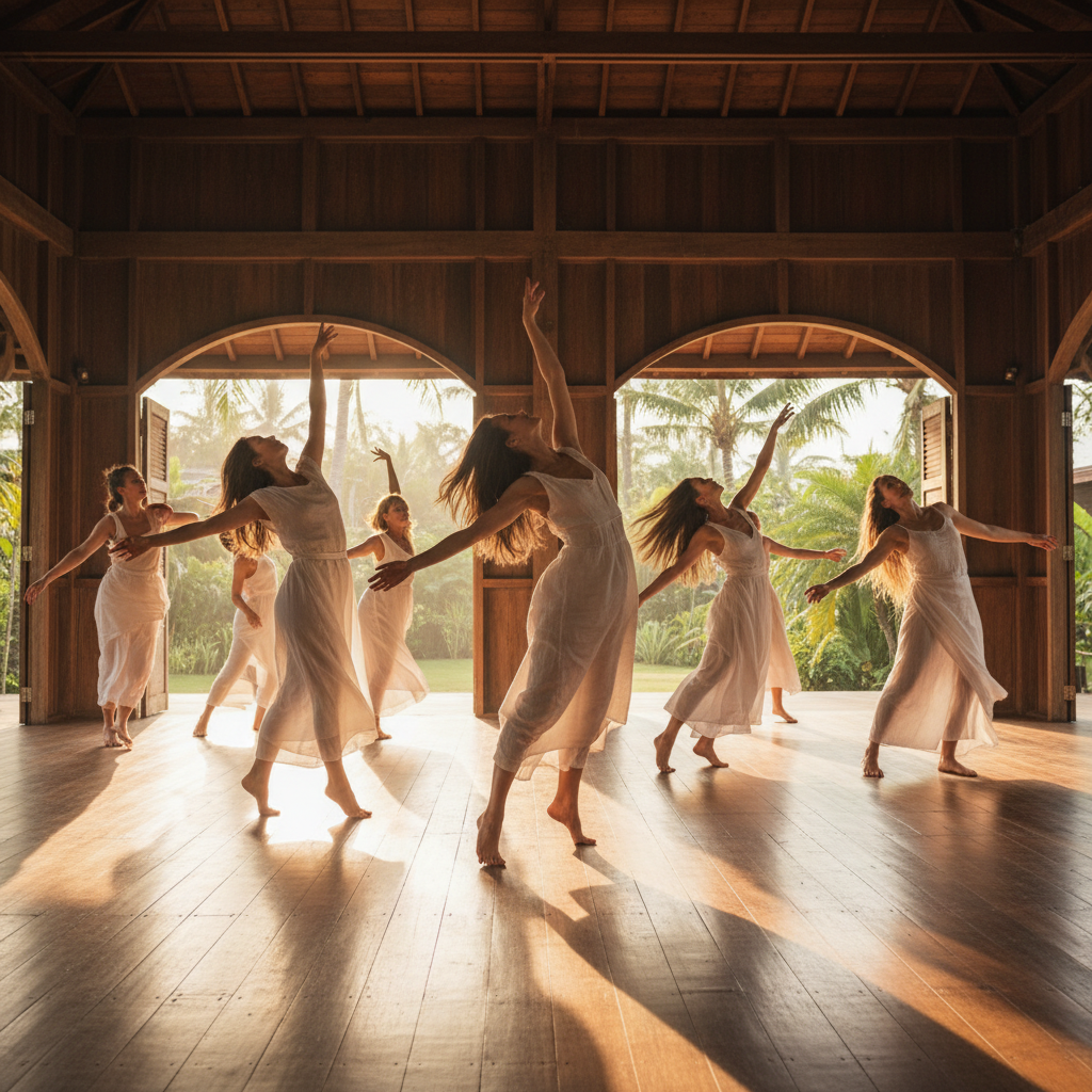 Dance workshop participants moving freely in studio space, natural light, expressive movement