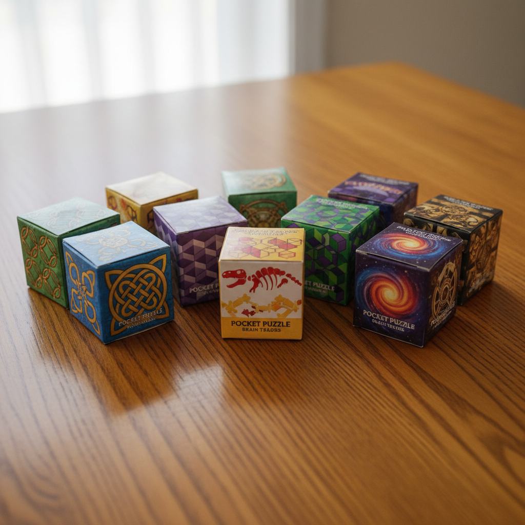 Row of boxed pocket puzzle brain teasers fanned out like playing cards on a warm wood surface