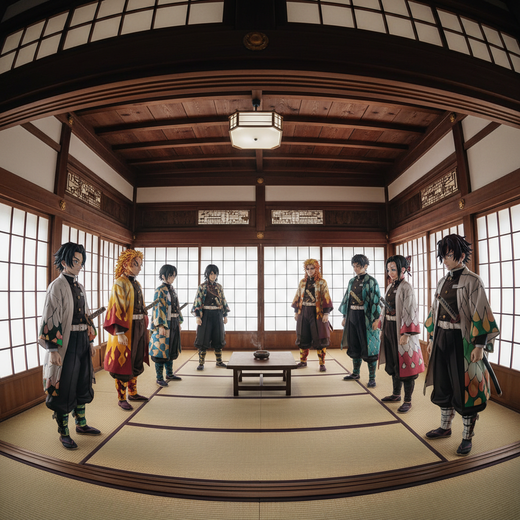 Demon slayer hashira warriors assembled in formal meeting room with traditional Japanese architecture