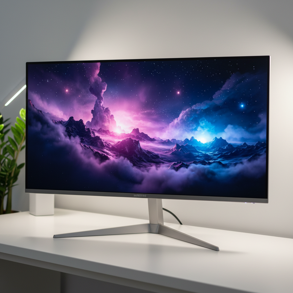 Samsung 4K monitor displaying vibrant landscape on a clean desk