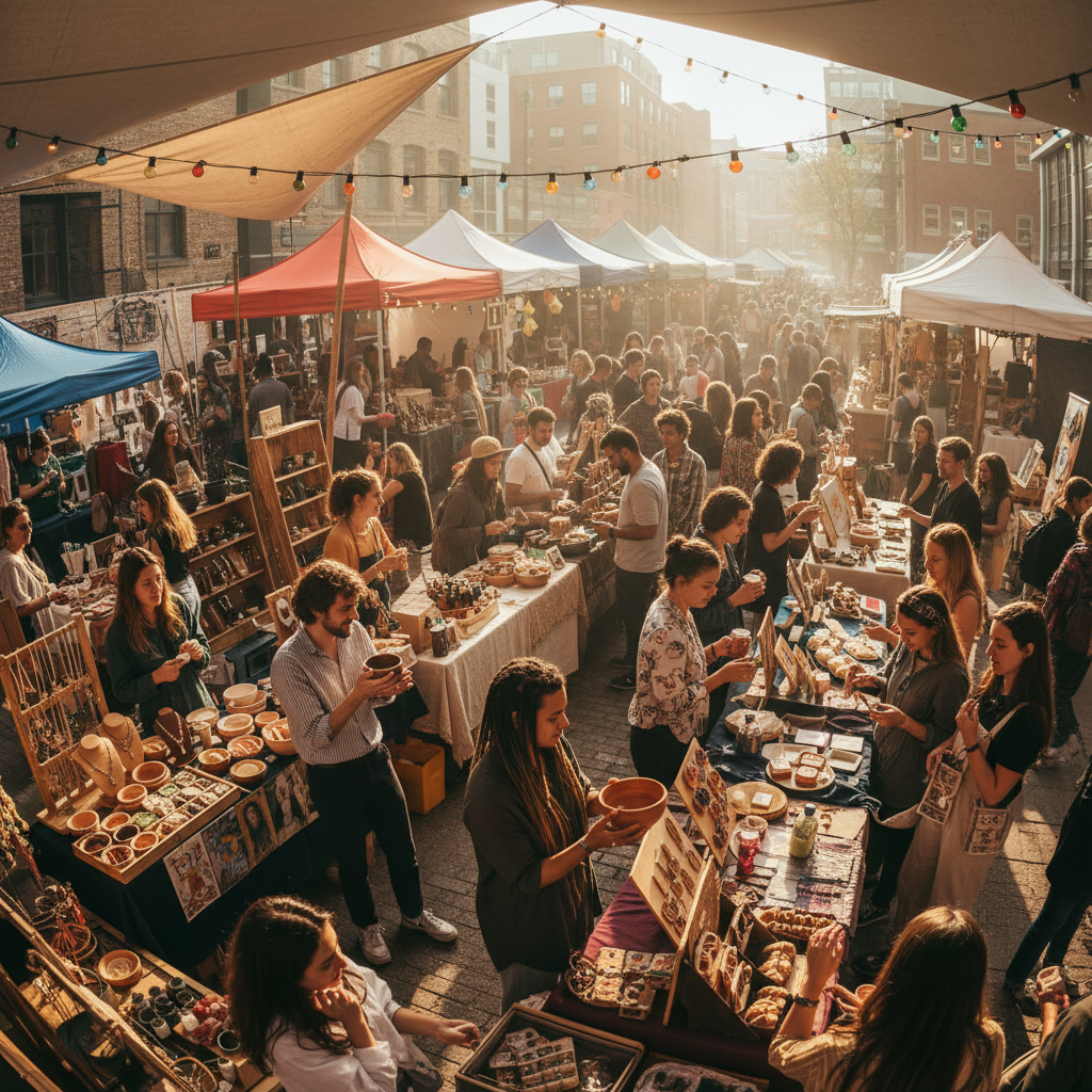 Mercado joven con emprendedores vendiendo productos