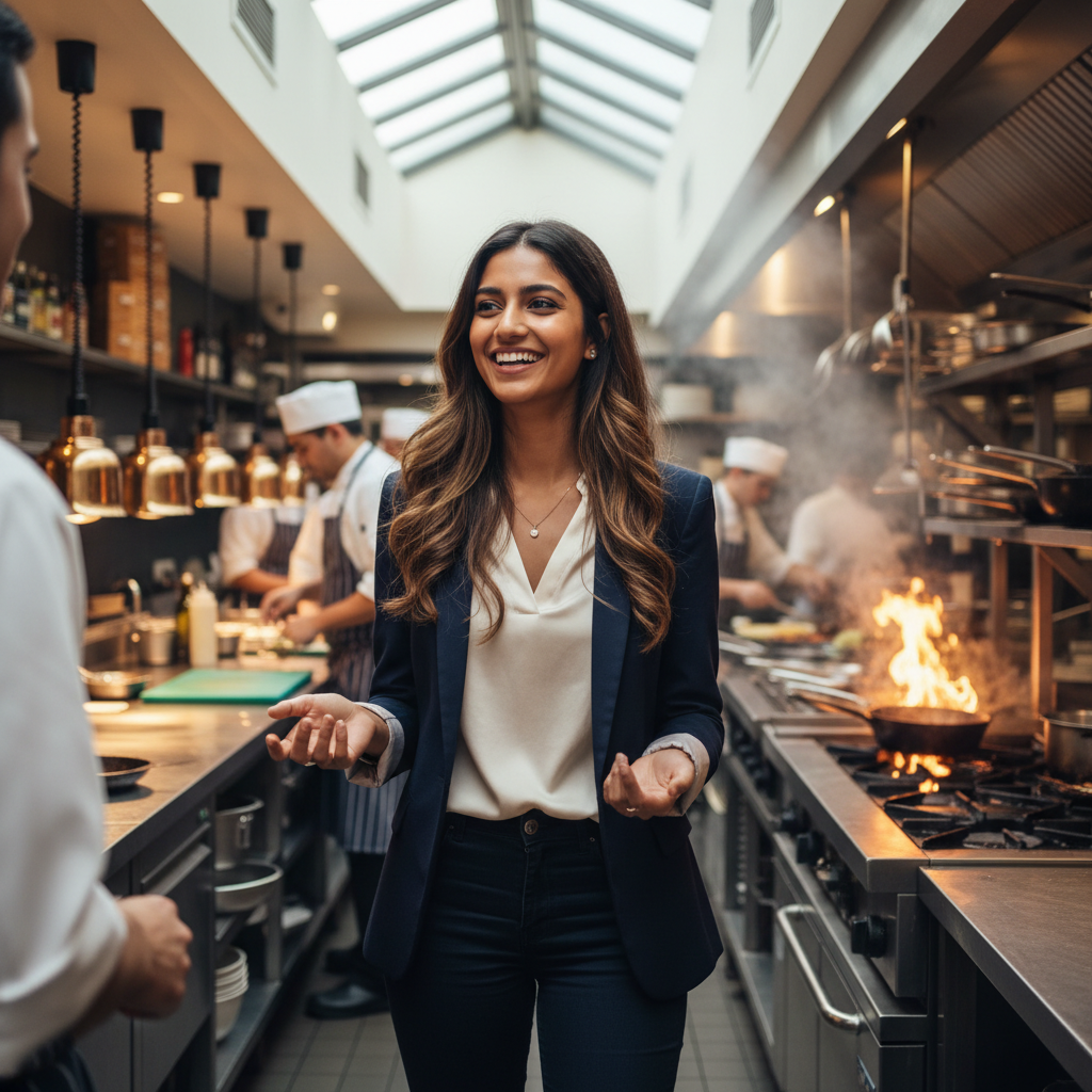 Young South Asian woman in colorful hijab smiling confidently in bright home kitchen