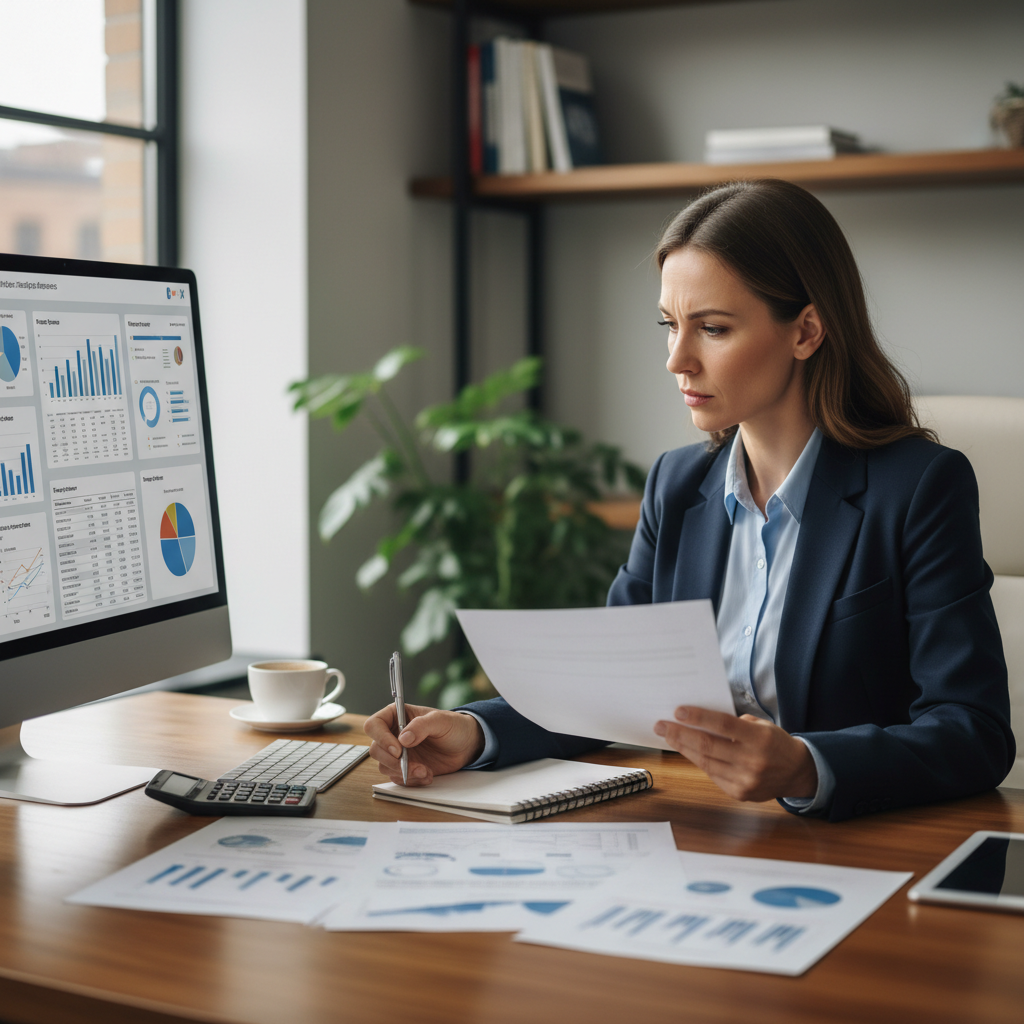Professional dental strategy consultant reviewing practice performance data at a desk with financial documents