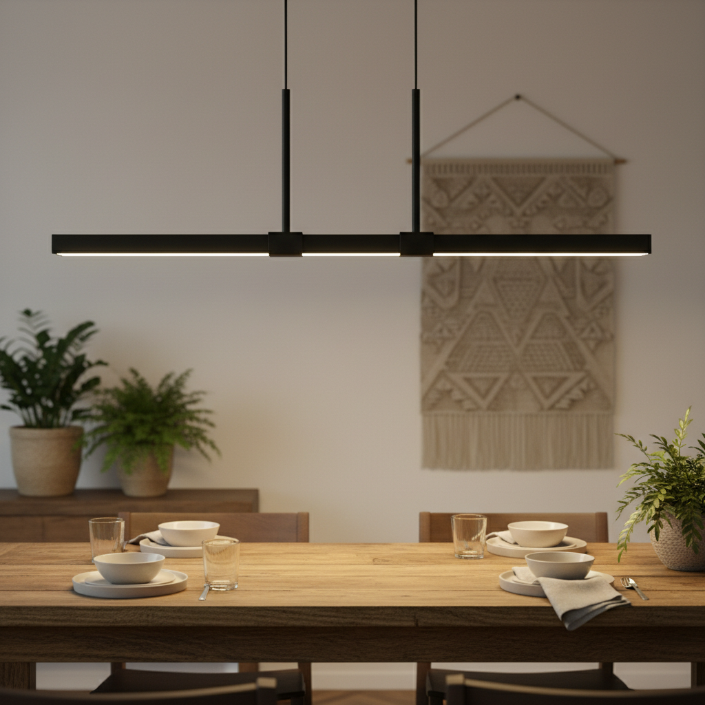 Hazel linear pendant light fixture in matte black finish hanging over a wooden dining table