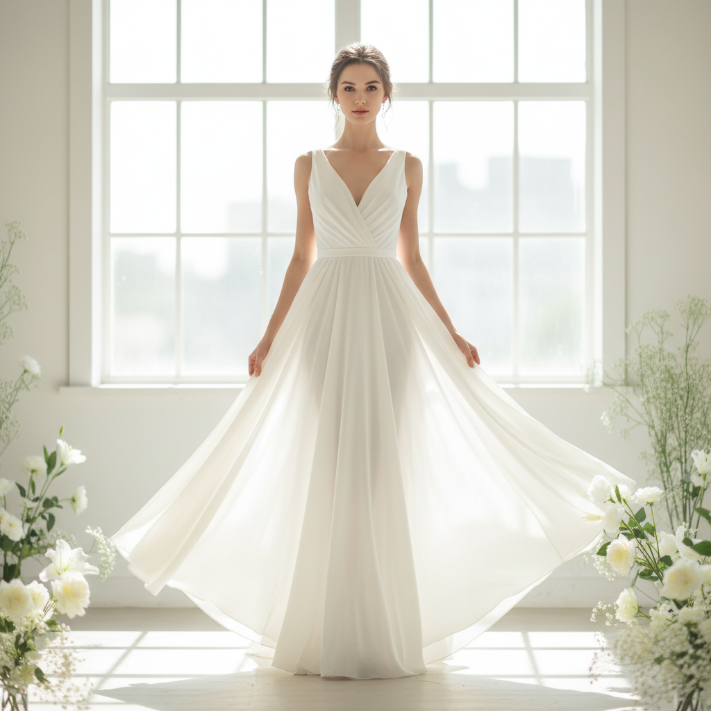 Elegant woman in flowing dress, bright open space, white walls, natural daylight