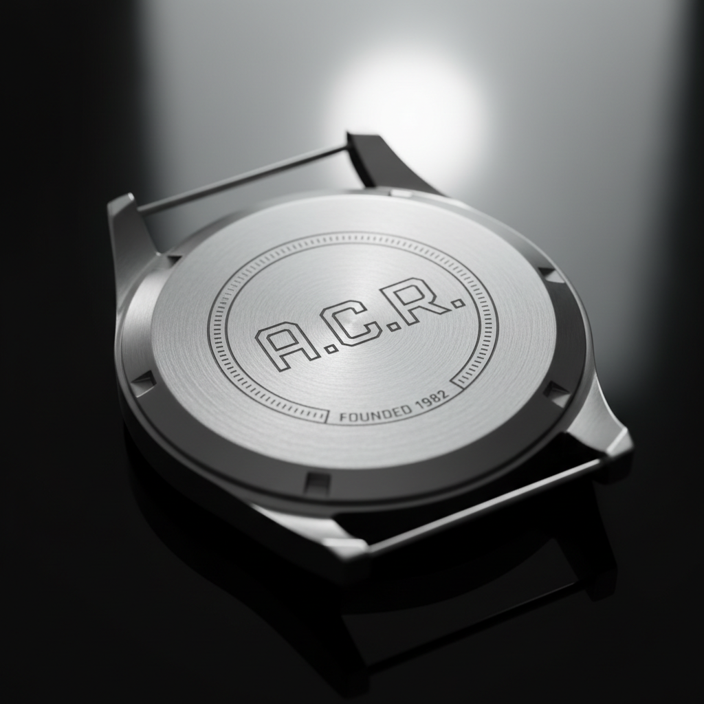 Close-up of engraved watch caseback showing family initials and founding year