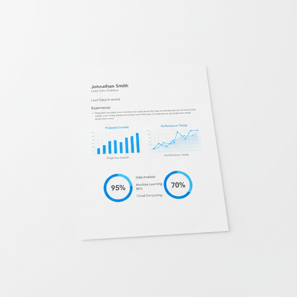 Clean white resume document with analytical overlay charts and skill match percentages highlighted in blue