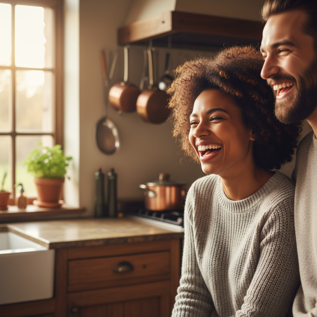 Mixed-race couple laughing together in a rustic kitchen setting