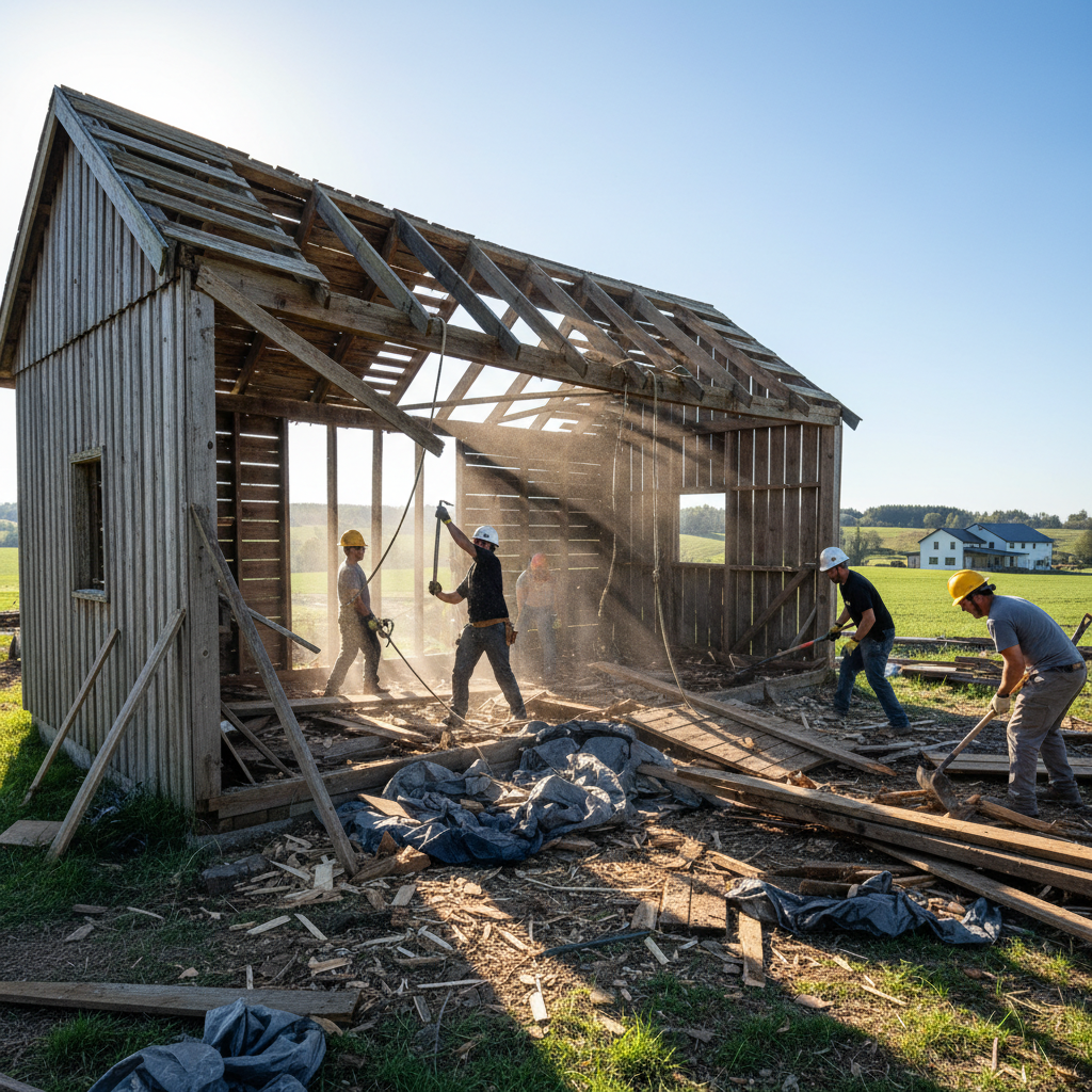 Old wooden shed mid-demolition in a Nashville TN backyard, boards removed, crew working in daylight