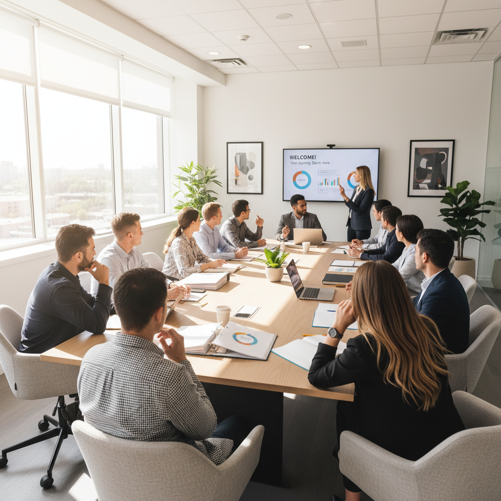 Professional business meeting with diverse executives discussing AI strategy documents