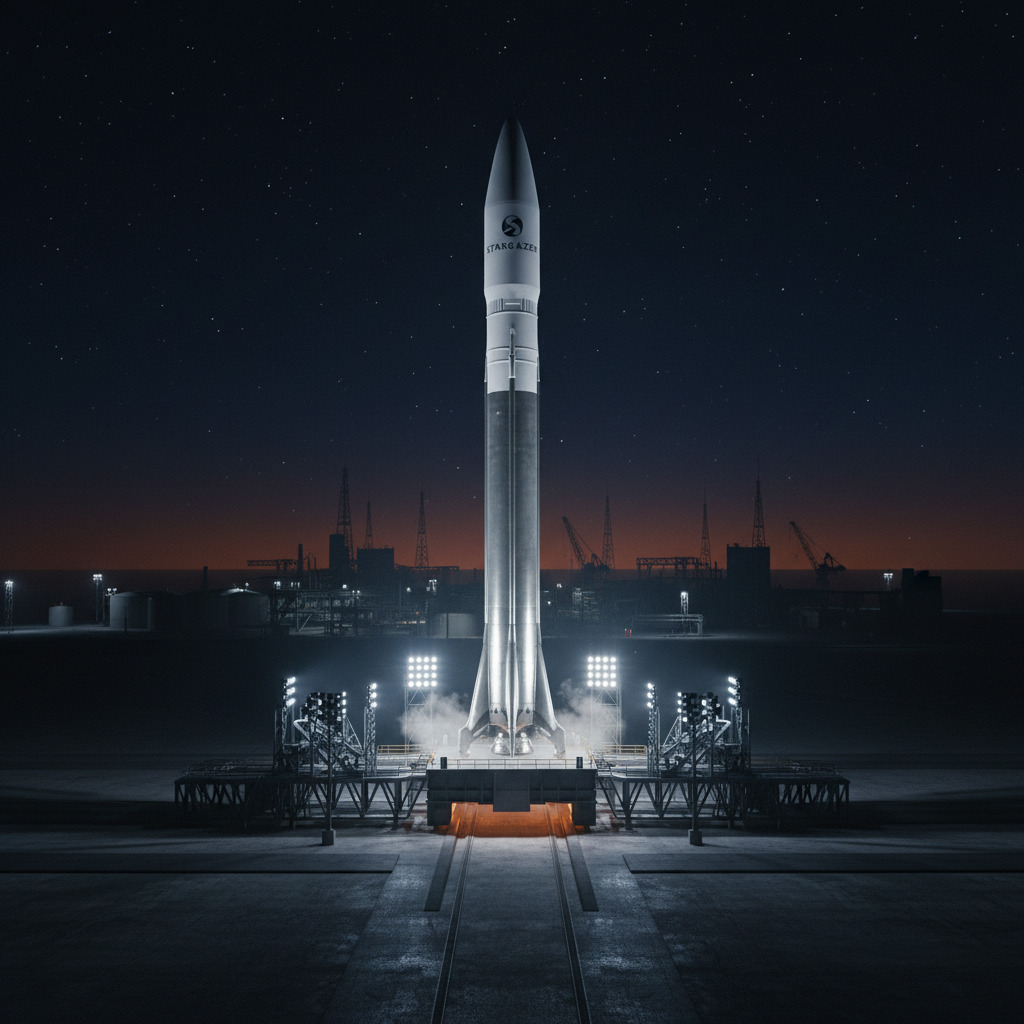 Rocket on launch pad at night, dramatic floodlights, dark sky, industrial silhouette, low-key cinematic