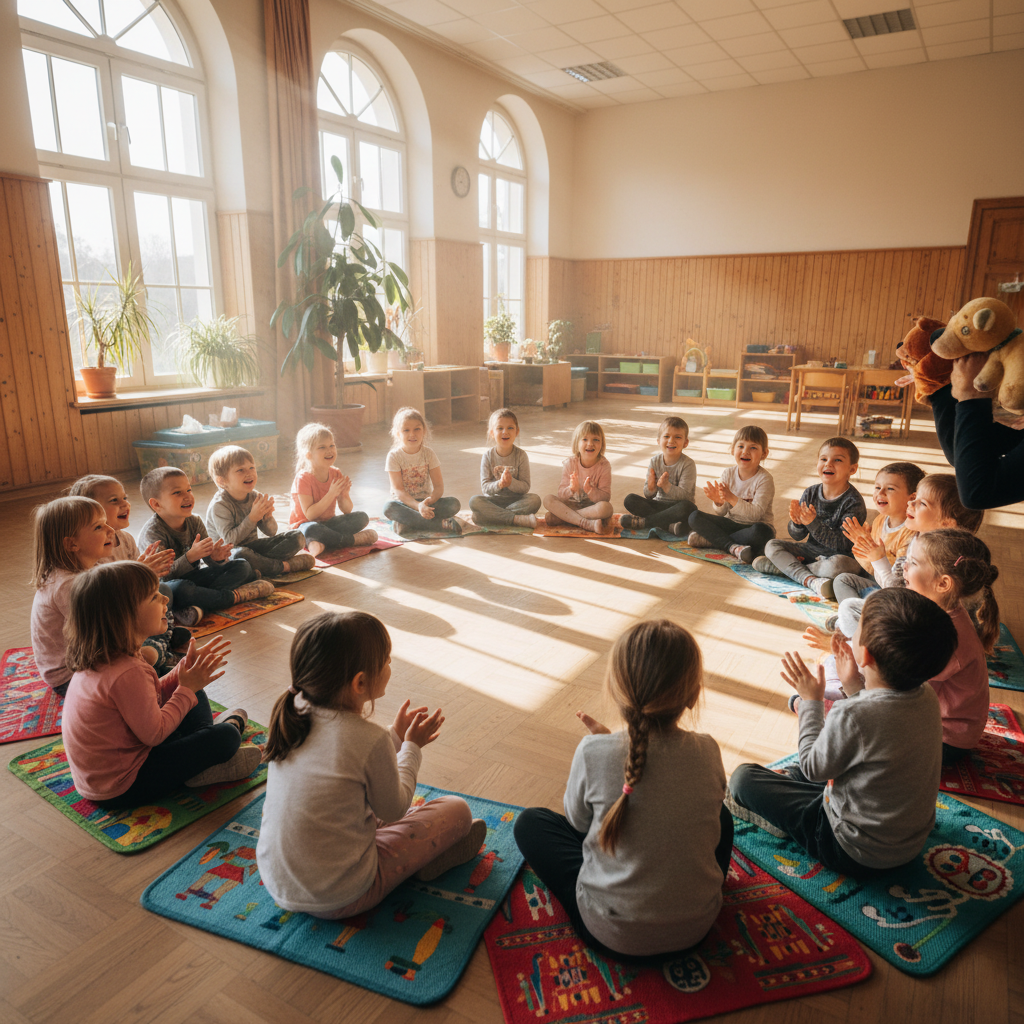 Children sitting cross-legged in a circle on colorful mats in a bright, calm classroom