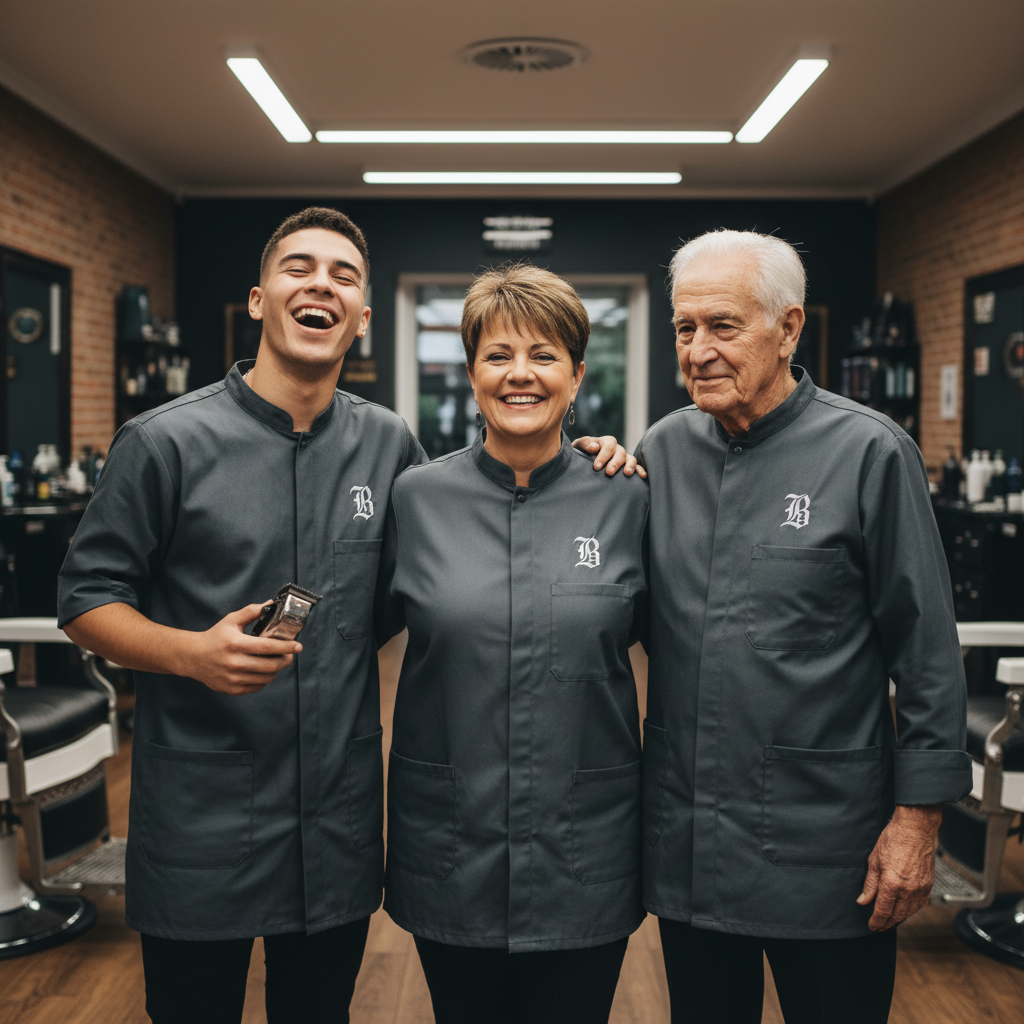 Three barbers standing in a row in a dark barbershop, arms crossed, professional and confident, dramatic lighting