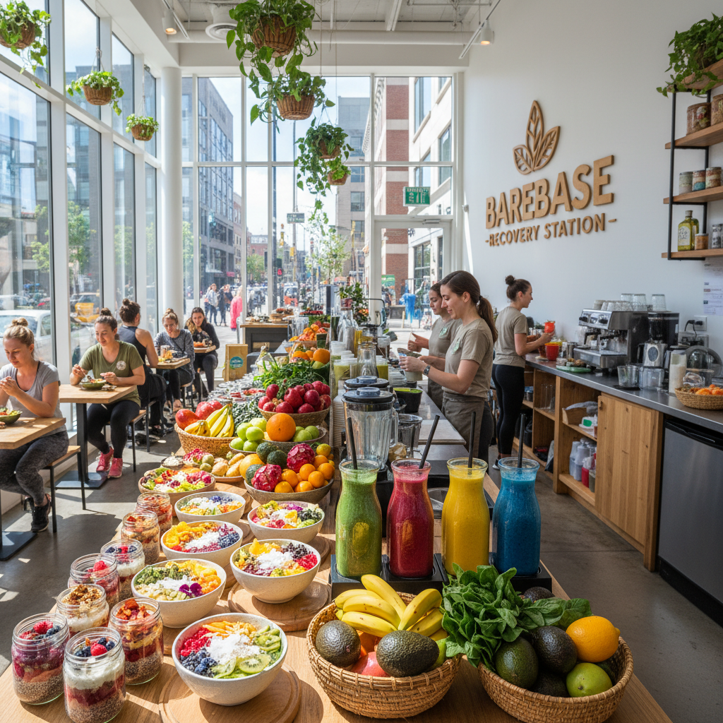 Healthy food and smoothies at Barebase Café recovery station