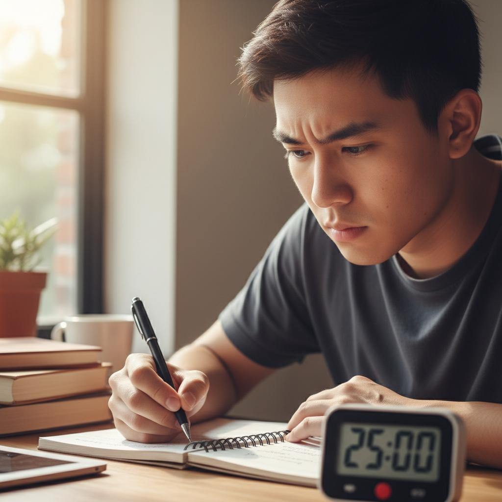 Person working at desk with timer and open notebook visible