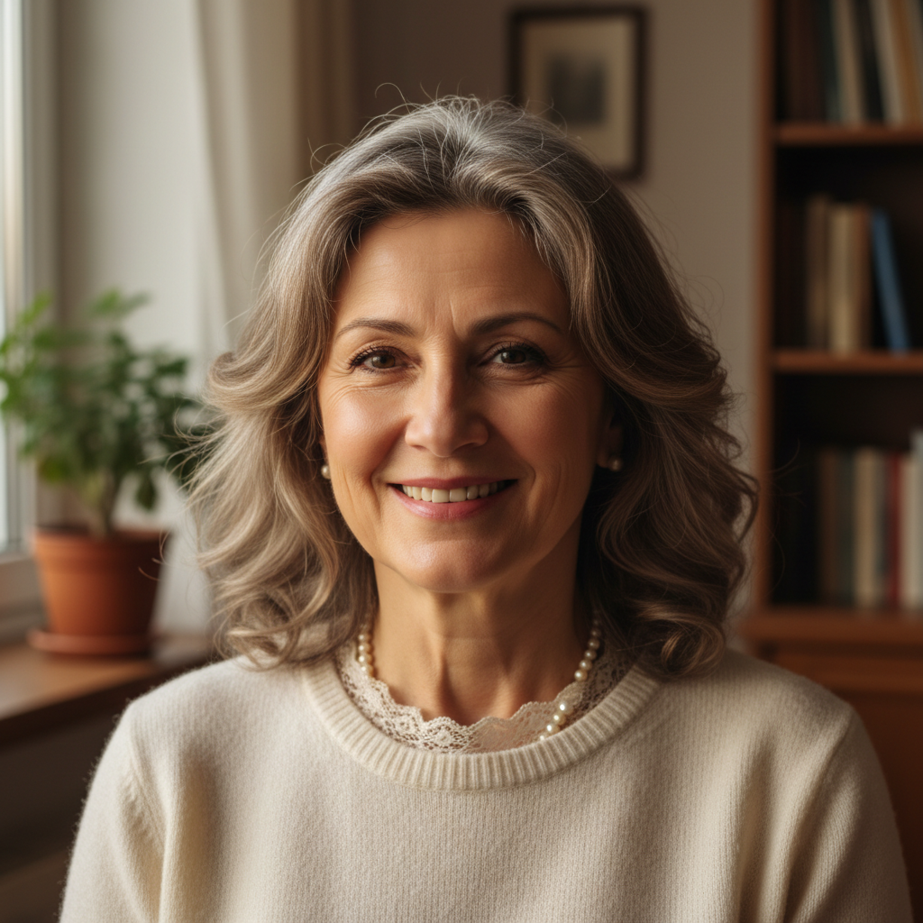 Sandra Flores, a grandmother with silver hair and a bright smile, in a cozy indoor setting