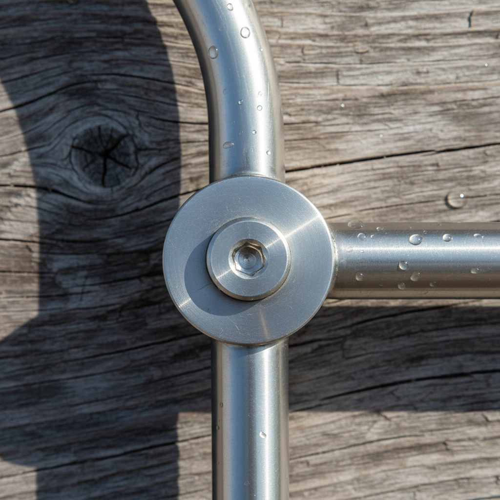 Close-up of marine-grade 316 stainless steel hardware bolt and joint on outdoor furniture frame