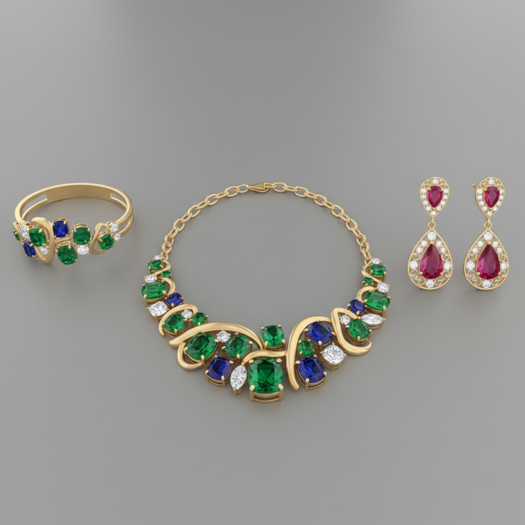 Render de joyería diseñada en 3D con acabado dorado y piedras preciosas