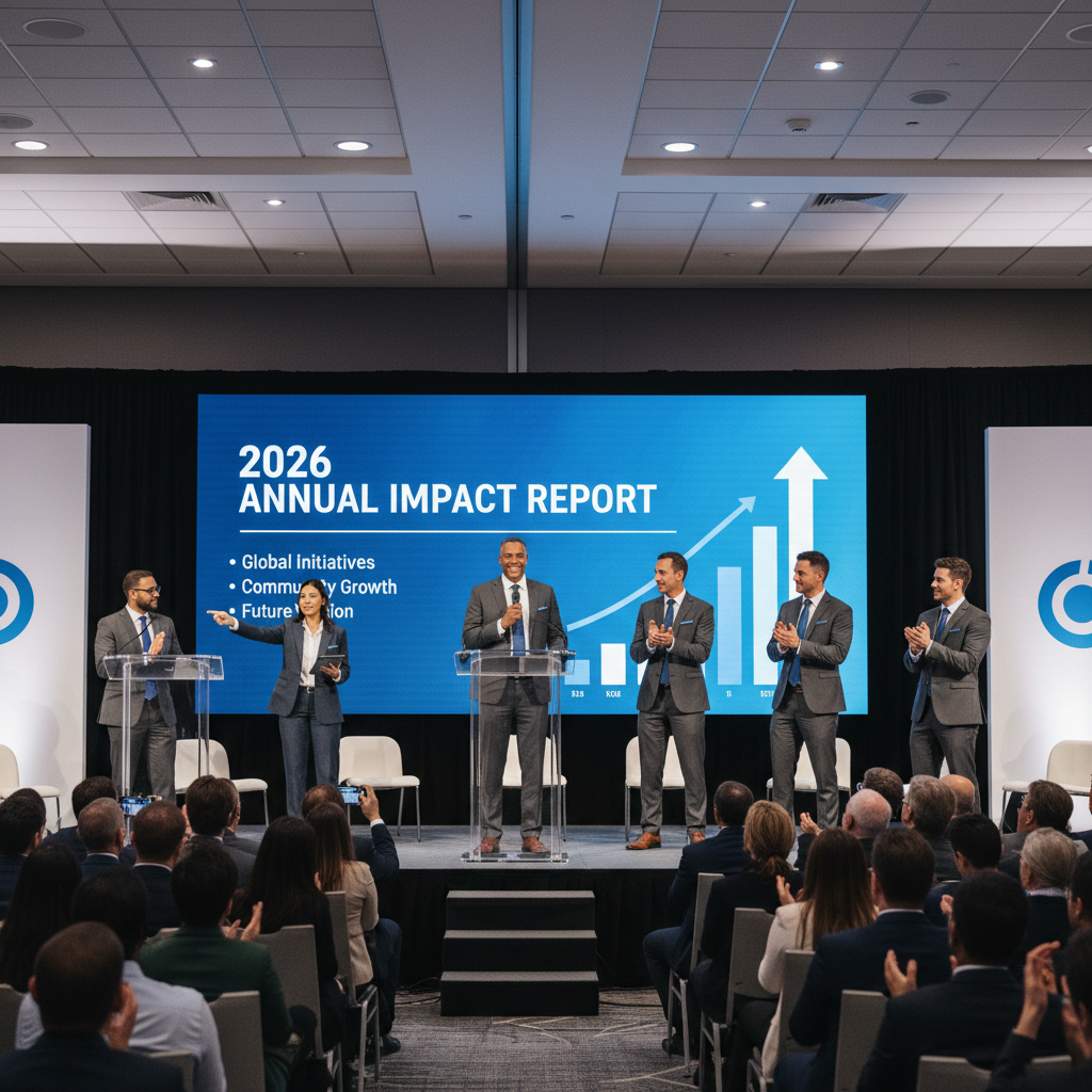 Joe & Jane Humanitarian Foundation leadership team presenting the 2026 Annual Impact Report at a formal event