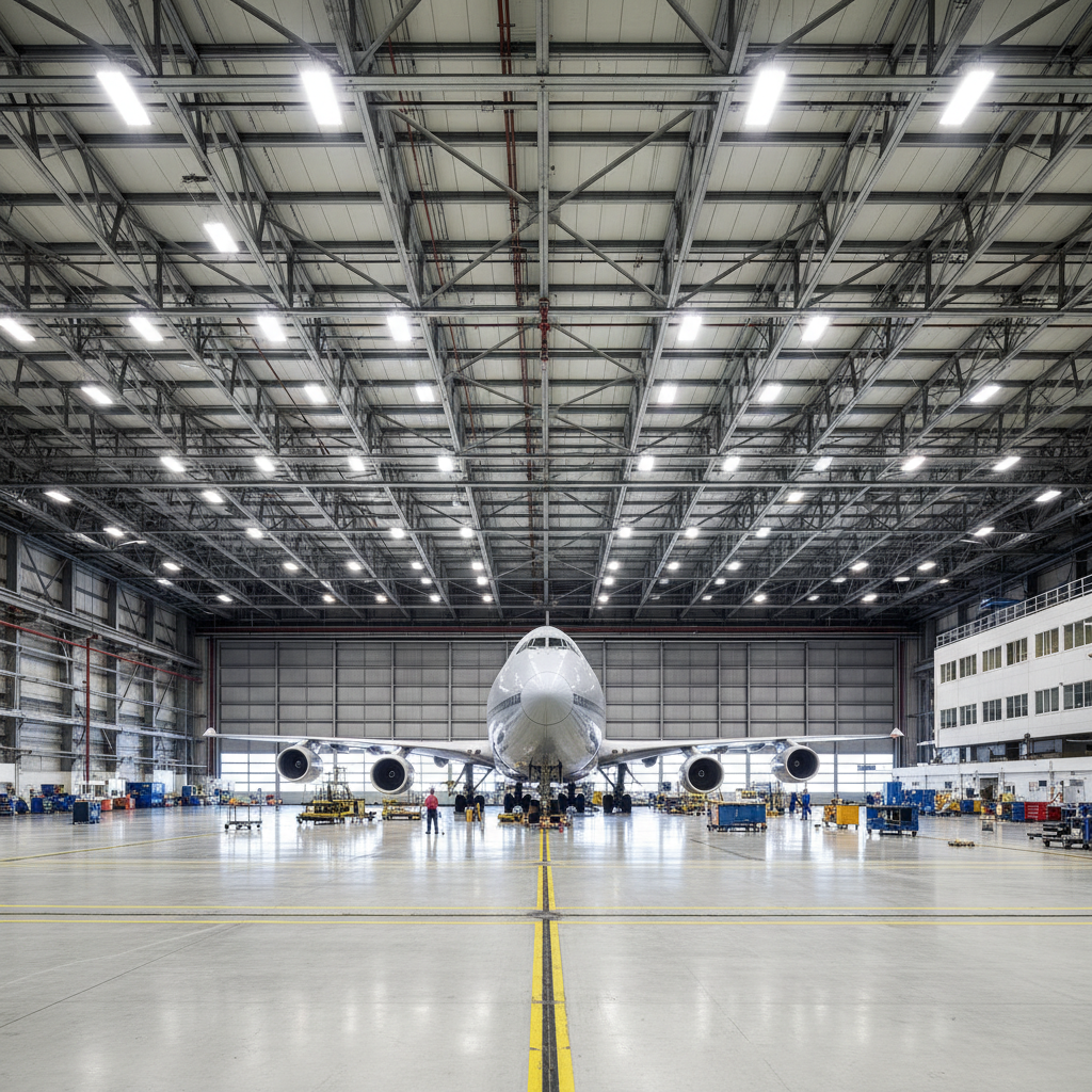 Large commercial aircraft hangar interior with aircraft and overhead industrial lighting