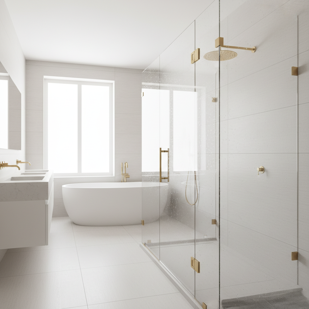 Elegant frameless glass shower enclosure and partition in a luxury bathroom interior, bright airy space, clean minimalist design