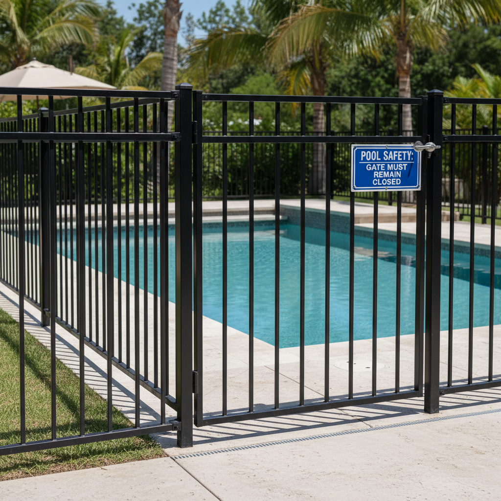 Pool safety fence with self-closing gate mechanism and proper horizontal member placement on pool side