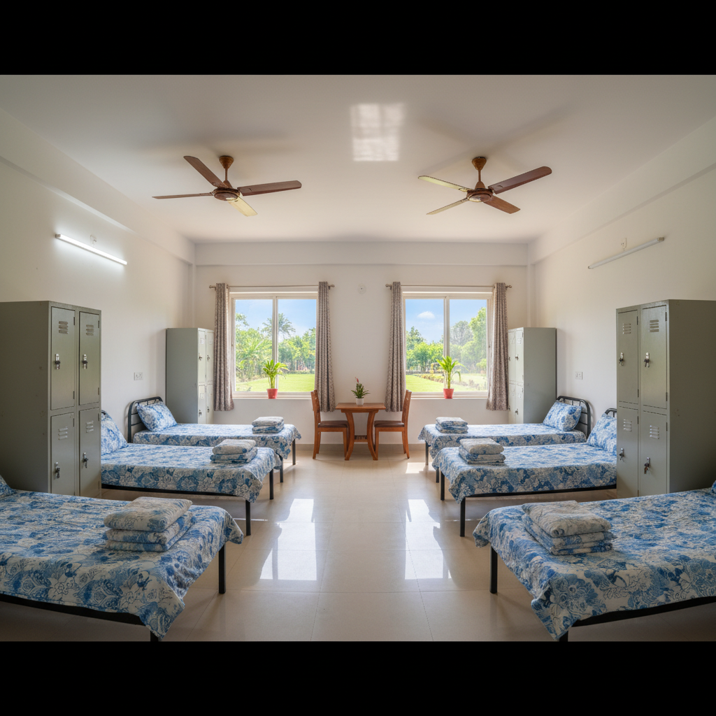 Triple occupancy room with three single beds neatly arranged, AC, and clean tiled floor