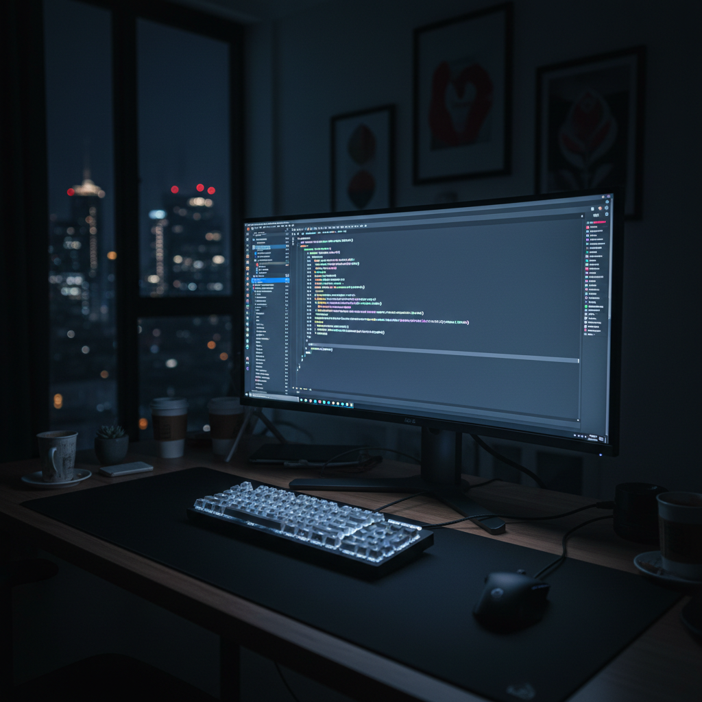 Dark code editor screen with colorful syntax highlighting, dim atmospheric lighting, deep shadows, professional developer workspace