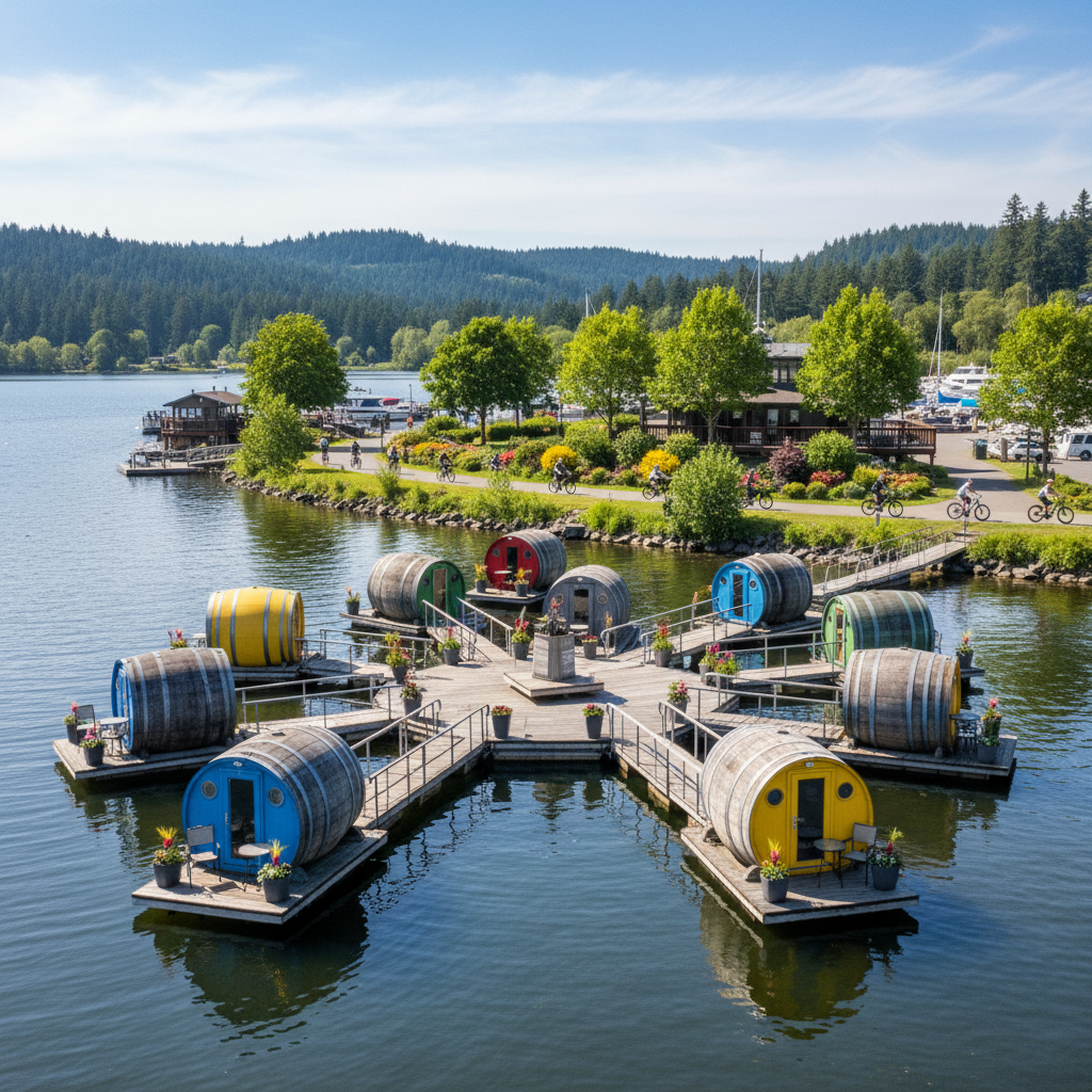 Nellie's Landing Marina — floating wine barrel accommodations and e-bike tours in Murray Harbour PEI