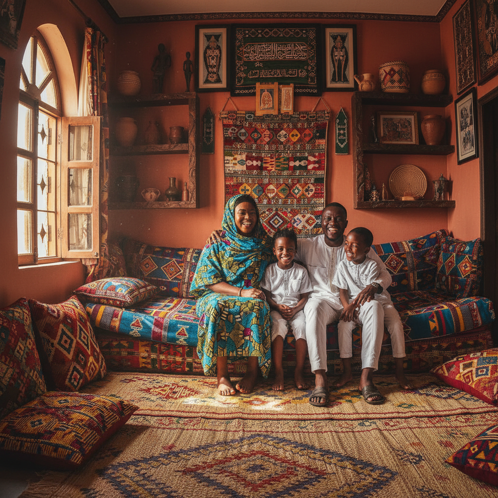 Happy African Nigerian family — mother, father and children — in a warm bright indoor setting, authentic Nigerian family life, natural skin tones, genuine smiles