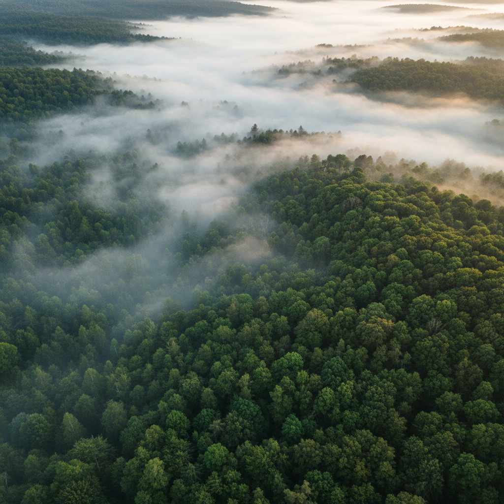Aerial view of lush green forest canopy in soft morning mist, deep shadows, dark earthy tones, atmospheric and moody