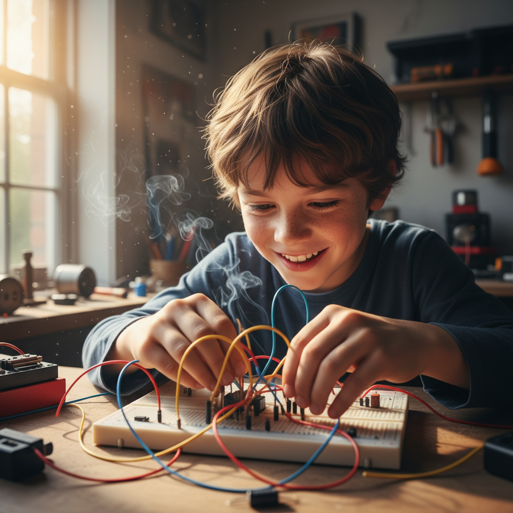 Young boy with motion blur on his hands as he excitedly builds a circuit