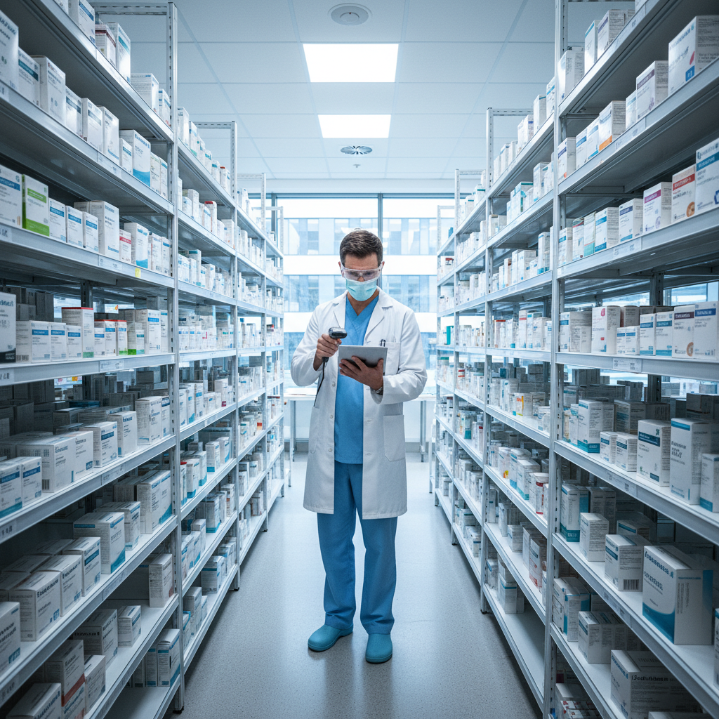 Pharmacist reviewing medicines in a well-organized pharmaceutical warehouse